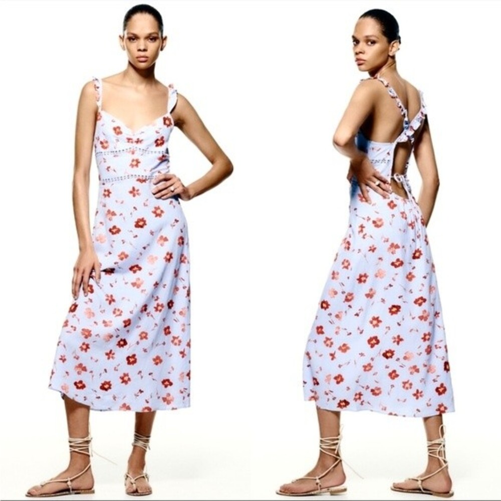 Zara Linen Blend Ruffled Straps Floral Midi Dress L NWT